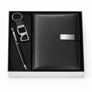 Classic Black Executive 3-in-1 Gift Set - Premium Leather Notebook, Metal Pen & Keychain Combo