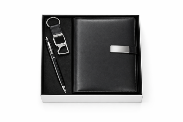 Classic Black Executive 3-in-1 Gift Set - Premium Leather Notebook, Metal Pen & Keychain Combo