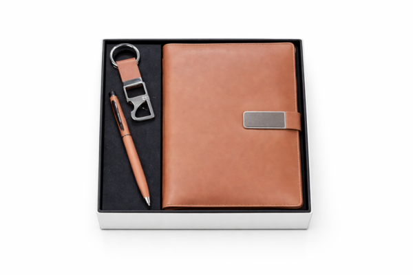 Executive 3-in-1 Corporate Gift Set - Premium Leather Notebook, Pen & Keychain (Tan Brown)